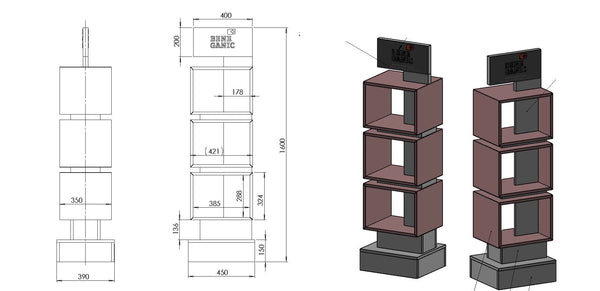 Regal-Display Höhe: 160 cm, Breite: 45cm und Tiefe: 39 cm